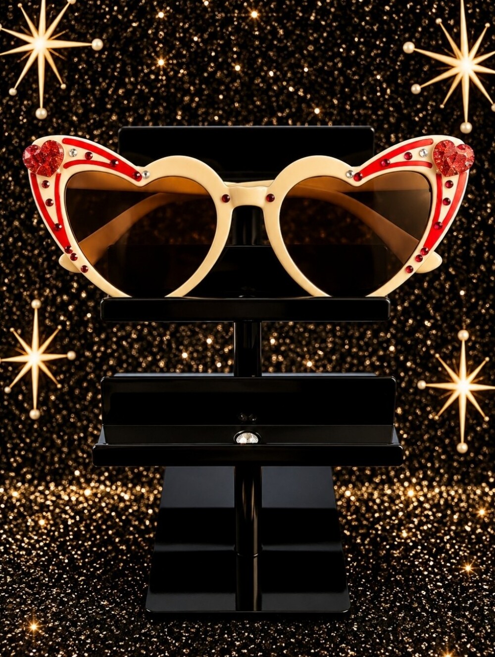 Cat-Eye Sunglasses with Red Heart Accents - Cream Frame